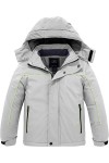 Light Grey Boy's Waterproof Ski Jacket Fleece Winter Outdoor Snow Coat Hooded Raincoats