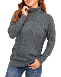 dark Grey Women's Turtleneck Cable Knit Long Sleeve Pullover Sweater