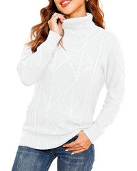 white Women's Turtleneck Cable Knit Long Sleeve Pullover Sweater