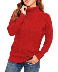 red Women's Turtleneck Cable Knit Long Sleeve Pullover Sweater