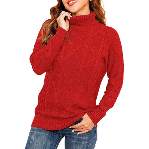 red Women's Turtleneck Cable Knit Long Sleeve Pullover Sweater red Women's Turtleneck Cable Knit Long Sleeve Pullover Sweater
