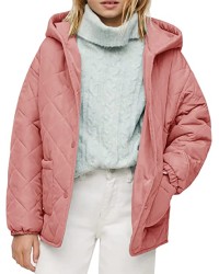 Deep Pink Girls Button Down Quilted Coat Kids Hooded Puffer Jacket Windbreaker with Pockets