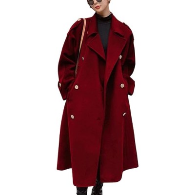 Women's Winter Double Breasted Midi Long Wool Pea Coat Notch Lapel Winter Trench Coat