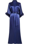Satin Kimono Robe Long Silky Bath Robe with Ostrich Feather Trim Sleepwear 