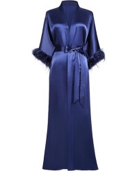Satin Kimono Robe Long Silky Bath Robe with Ostrich Feather Trim Sleepwear 