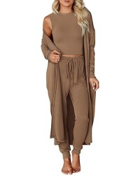 Women's Fall 3 Piece Outfits Casual Long Sleeve Long Cardigan Sleeveless Crop Top Drawstring Pants Lounge Sets