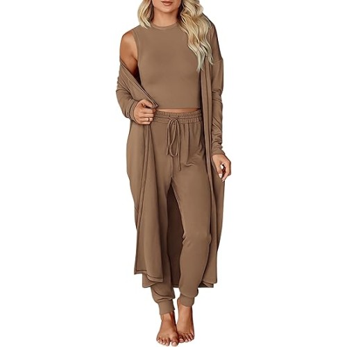 Women's Fall 3 Piece Outfits Casual Long Sleeve Long Cardigan Sleeveless Crop Top Drawstring Pants Lounge Sets Women's Fall 3 Piece Outfits Casual Long Sleeve Long Cardigan Sleeveless Crop Top Drawstring Pants Lounge Sets