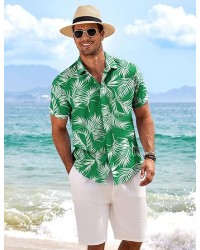 Celadon Green- Palm Leaf Men's Linen Shirts Short