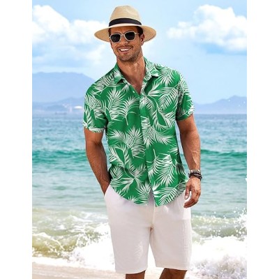 Celadon Green- Palm Leaf Men's Linen Shirts Short