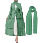 Muslim Abaya Dress for Women Modest Muslim Robe Long Sleeve Open Front Cardigan Islamic Dubai Outfits with Hijab Belt