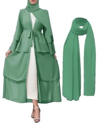 Muslim Abaya Dress for Women Modest Muslim Robe Long Sleeve Open Front Cardigan Islamic Dubai Outfits with Hijab Belt