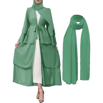Muslim Abaya Dress for Women Modest Muslim Robe Long Sleeve Open Front Cardigan Islamic Dubai Outfits with Hijab Belt
